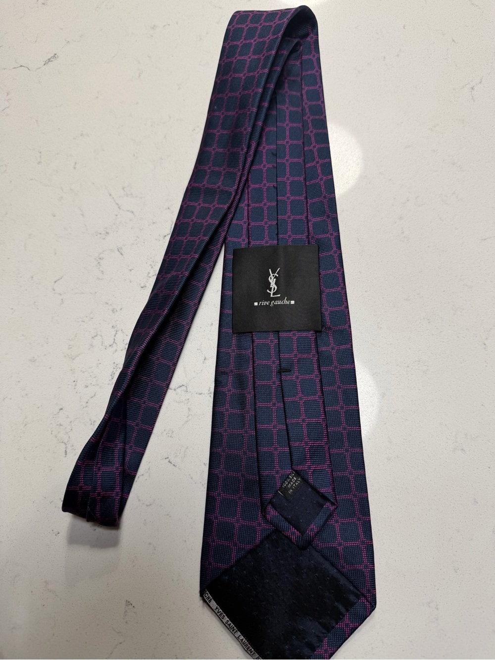 Vintage YSL Yves Saint Laurent Rive Gauche Silk Tie Navy Purple Geometric Italy